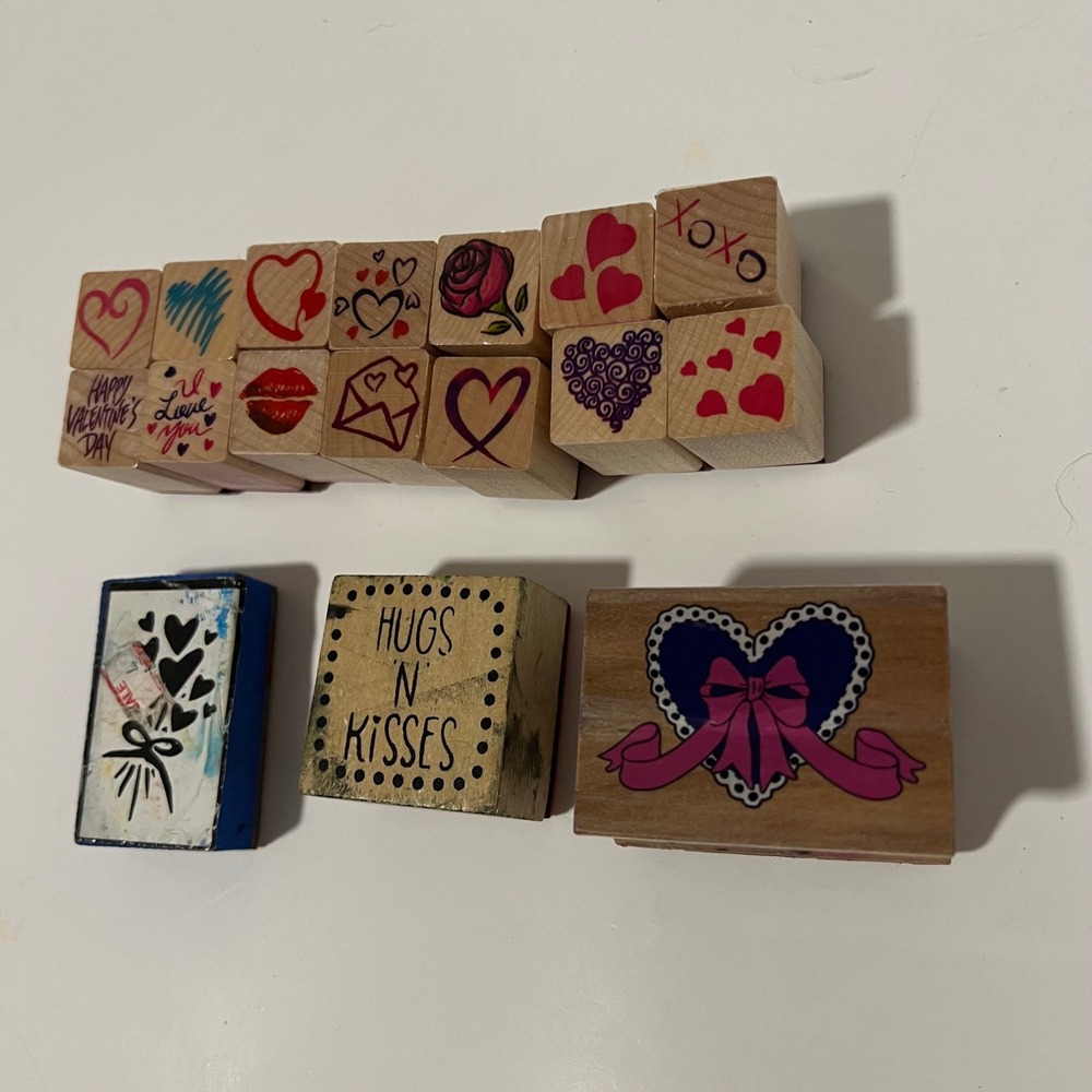 17pc Valentines Day Wood Rubber Stamp Lot Hearts Roses Hugs N Kisses Love Craft